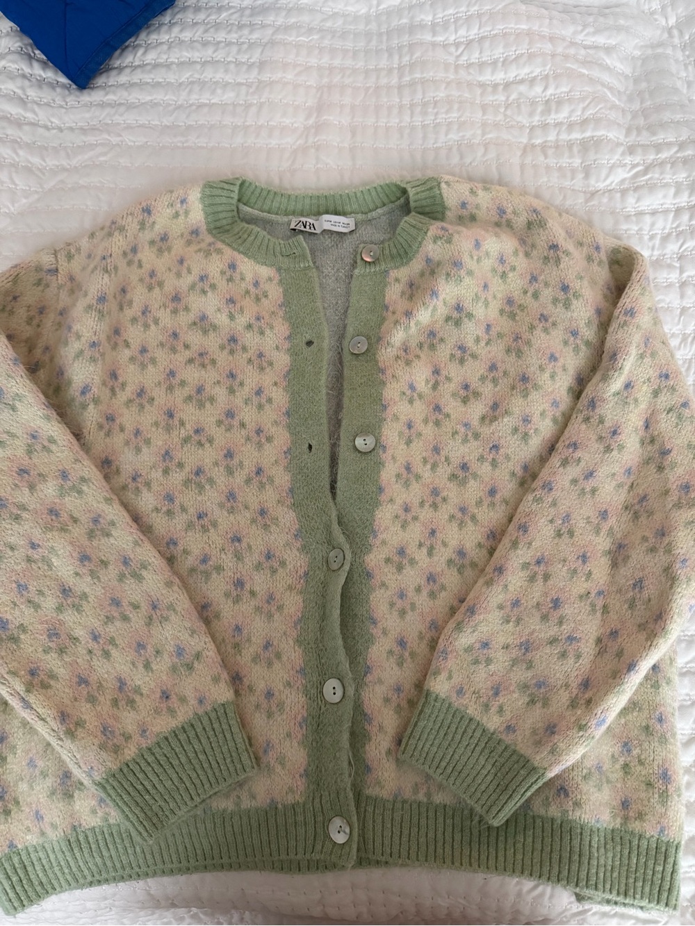 Zara Cream Knit Cardigan with Green Trim and Pastel Floral